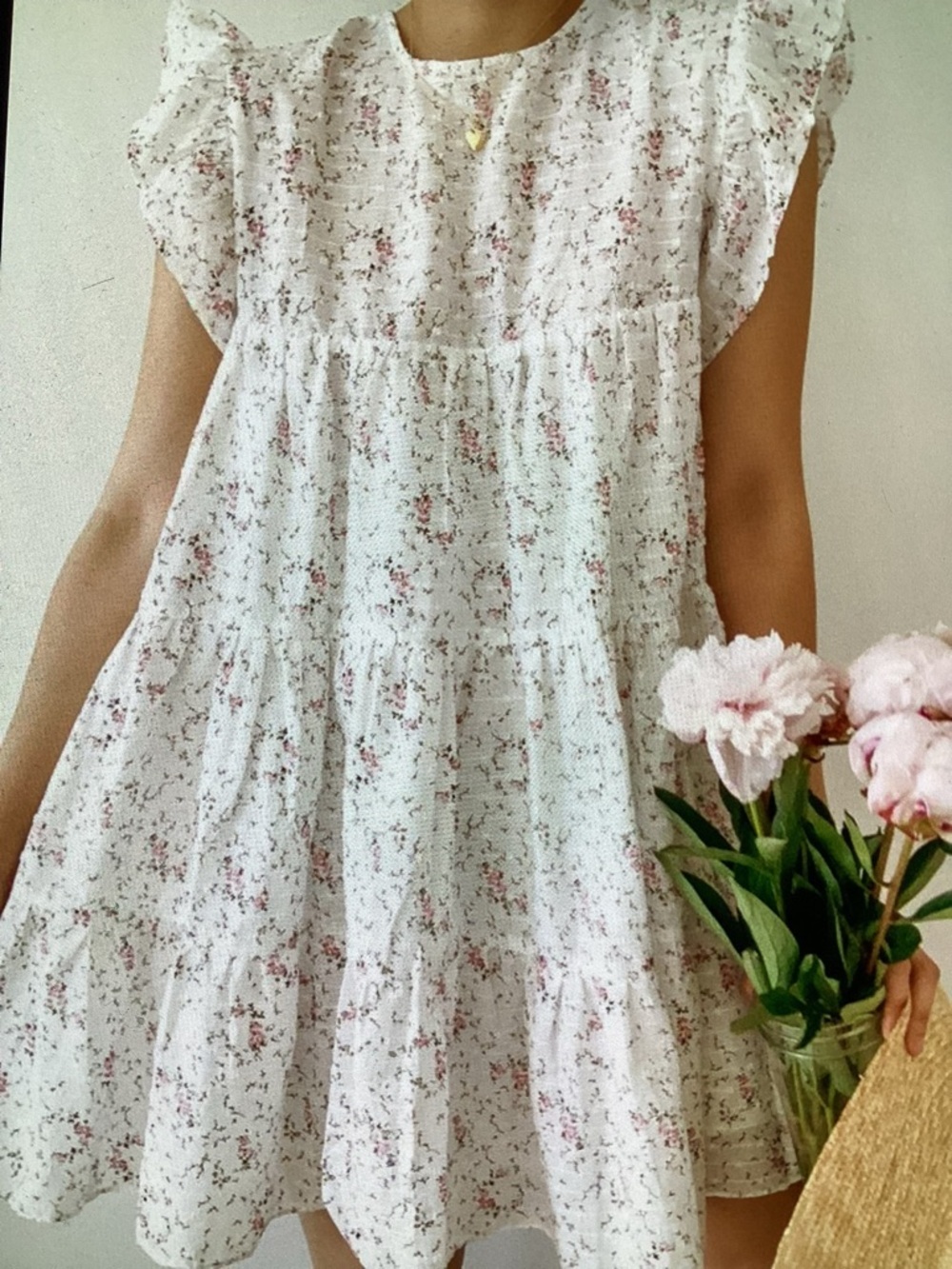 Olivaceous White Mini Dress with Pink Floral Print